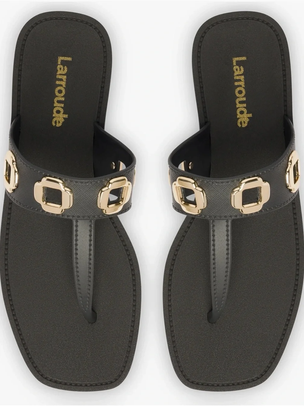 EUC LARROUDE Milan Grommet Synthetic Thong Flip Flop Sandal 37/38 6/7 Black/Gold